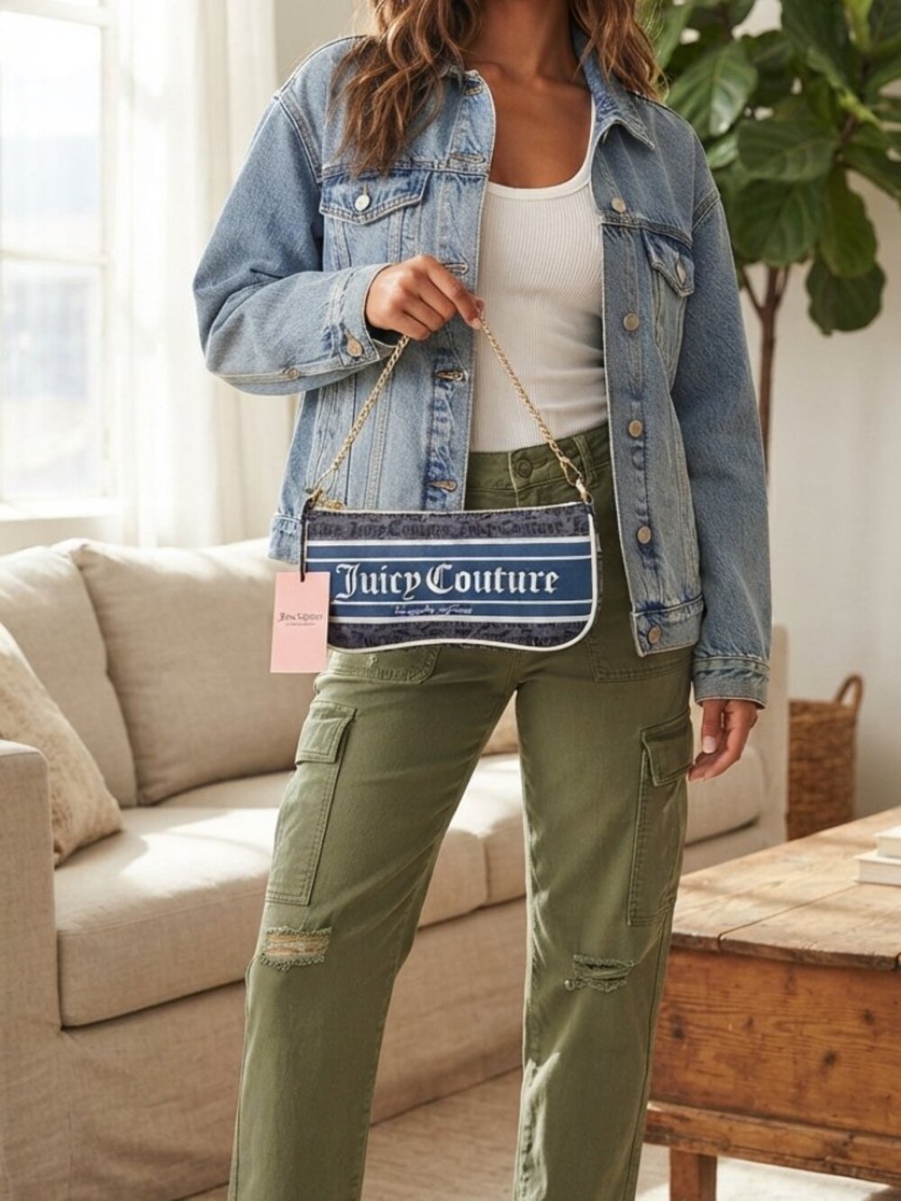 Juicy Couture Blue & grey Logo Shoulder Bag with White Chain Accent